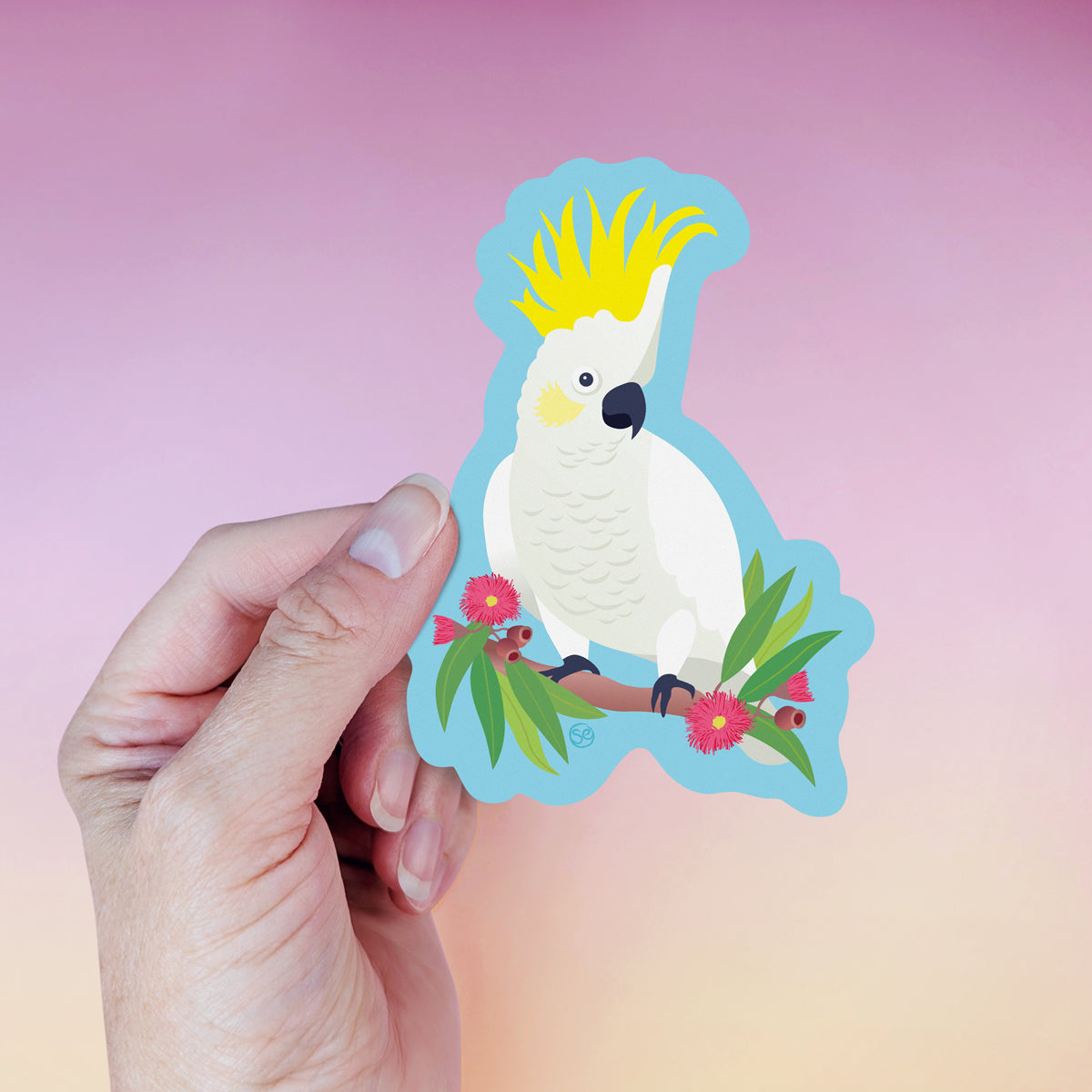 Sulphur-crested Cockatoo die-cut vinyl sticker by Sarah Epstein Studio.