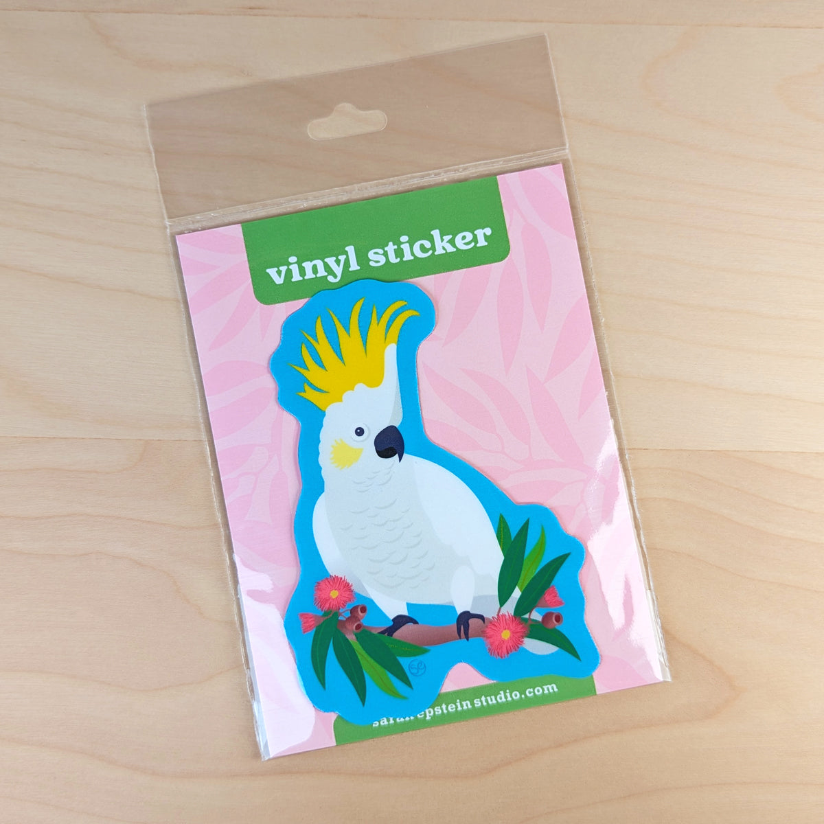 Sulphur-crested Cockatoo die-cut vinyl sticker by Sarah Epstein Studio.