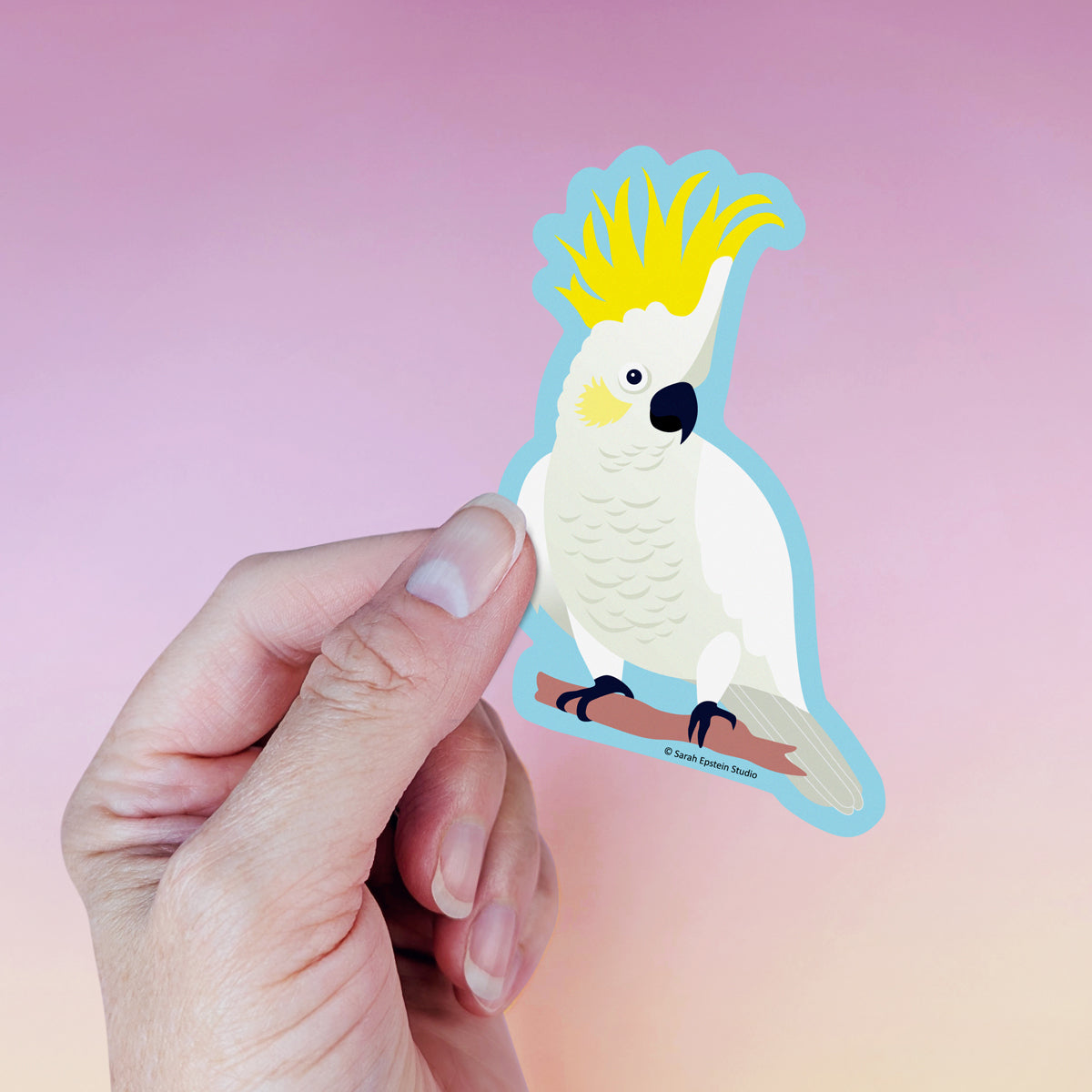 Sulphur-crested Cockatoo die-cut vinyl sticker by Sarah Epstein Studio.