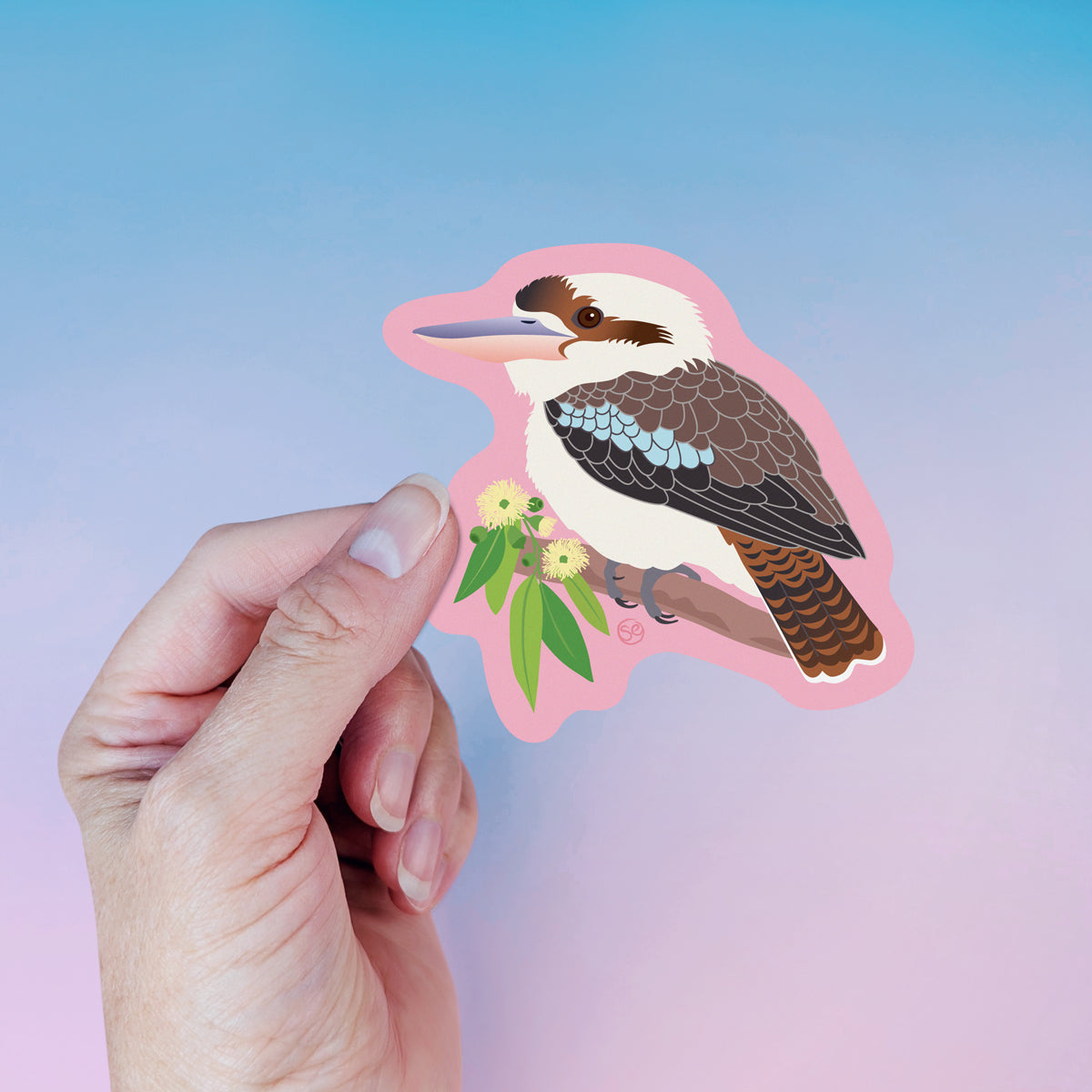 Laughing Kookaburra die-cut vinyl sticker by Sarah Epstein Studio.
