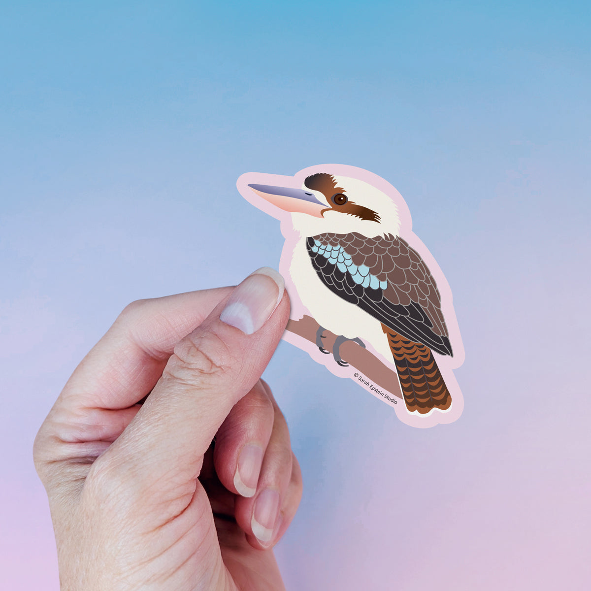 Laughing Kookaburra die-cut vinyl sticker by Sarah Epstein Studio.