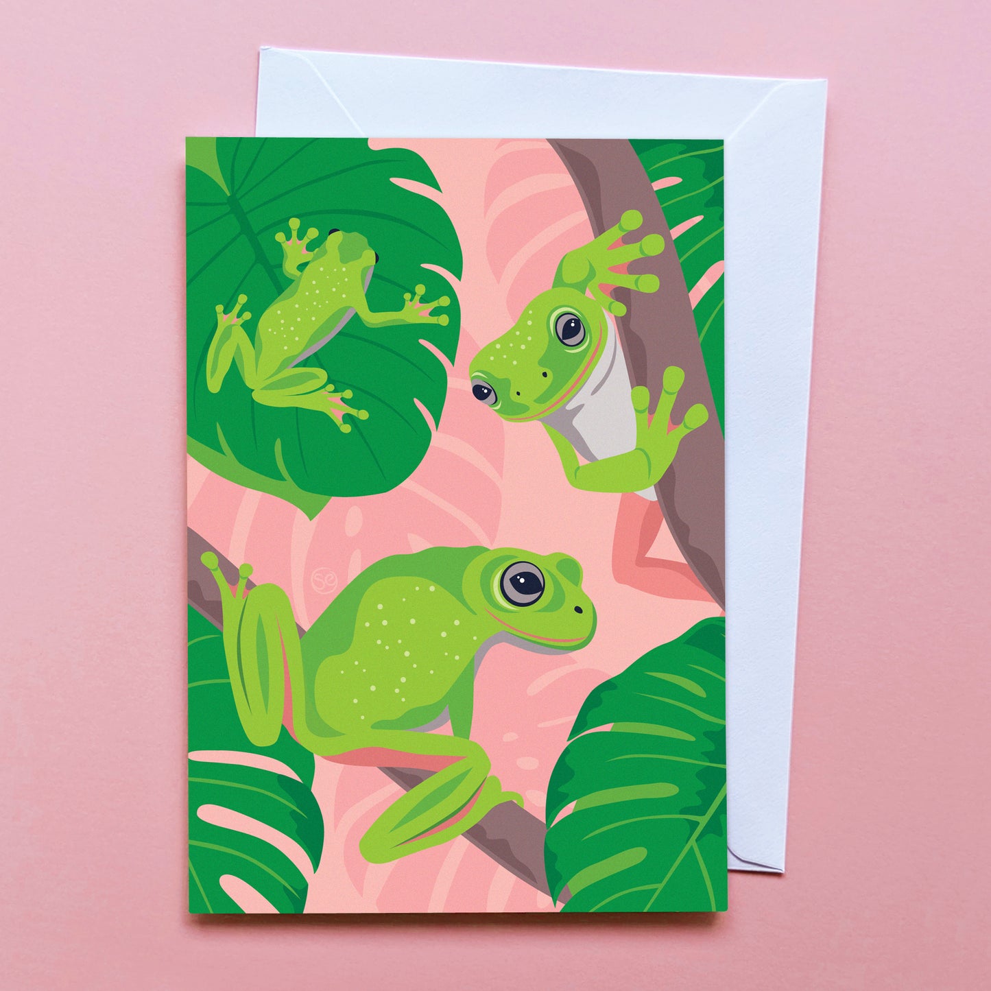 Green Tree Frogs greeting card by Sarah Epstein Studio.
