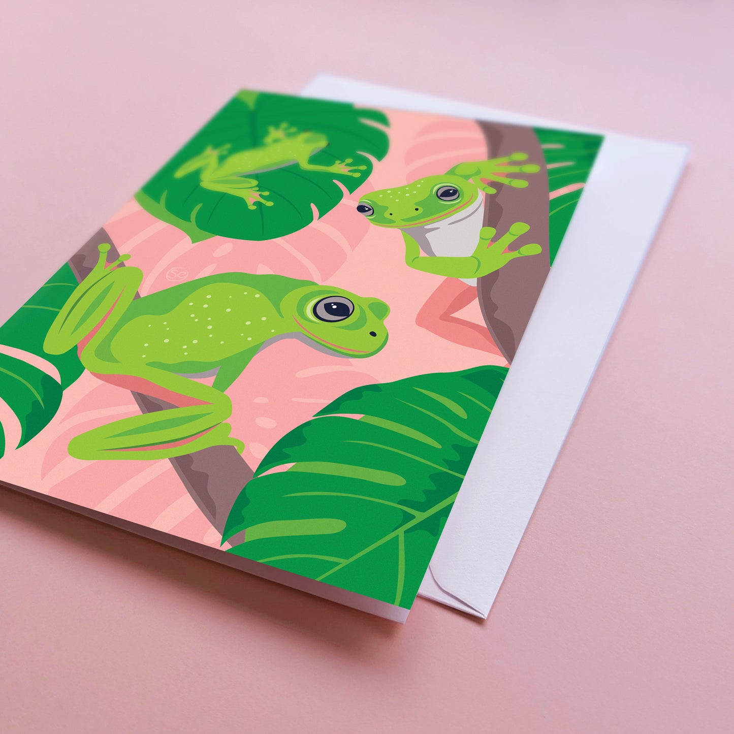Green Tree Frogs greeting card by Sarah Epstein Studio.