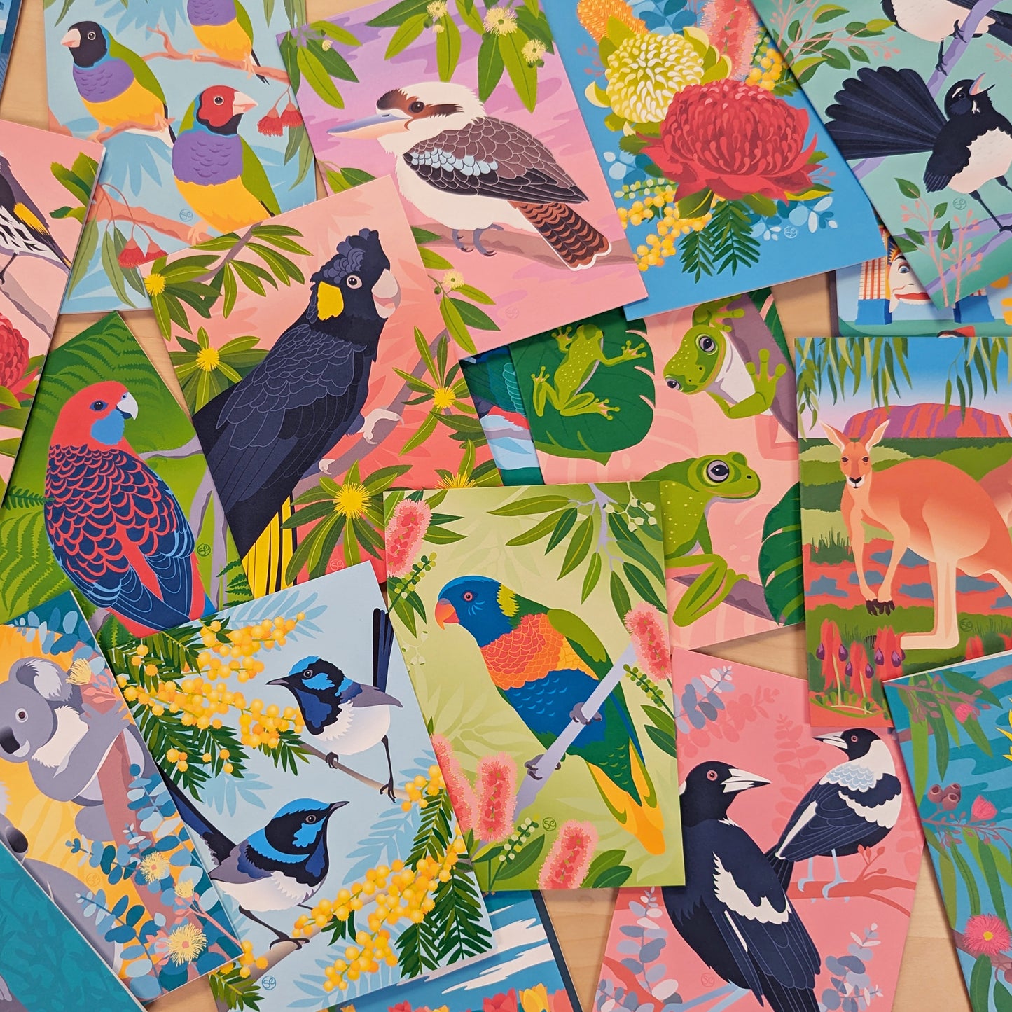 A flatlay photo of scattered Australiana greeting cards by Sarah Epstein Studio.