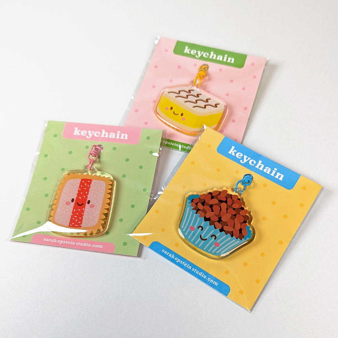 Kawaii keychains in packaging by Sarah Epstein Studio.