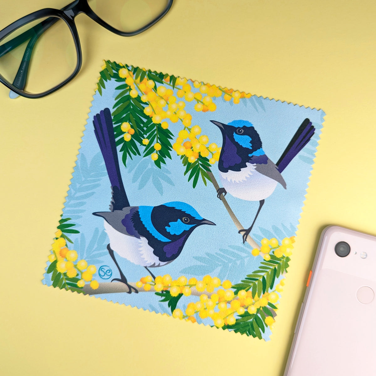 Superb Fairy-wren microfibre lens cloth by Sarah Epstein Studio.