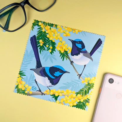 Superb Fairy-wren microfibre lens cloth by Sarah Epstein Studio.