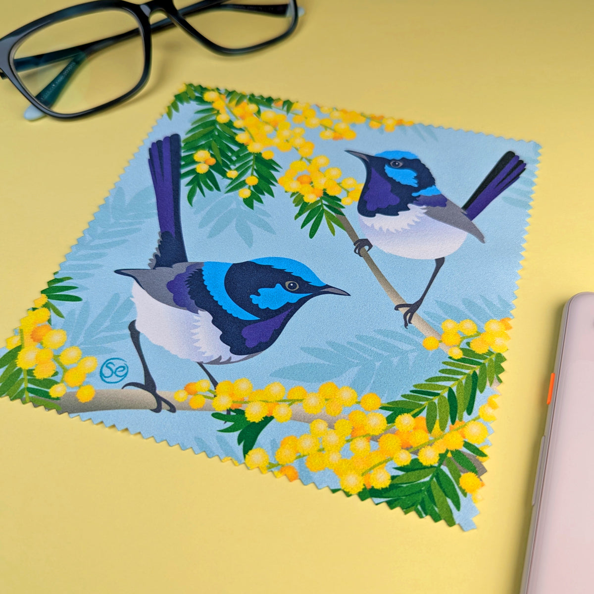 Superb Fairy-wren microfibre lens cloth by Sarah Epstein Studio.