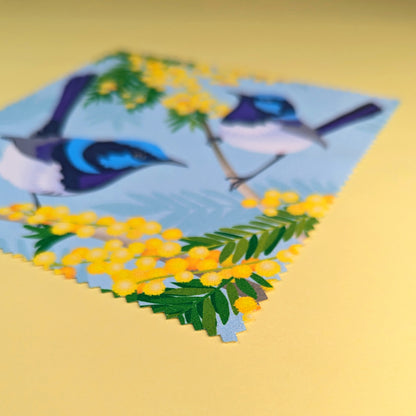 Superb Fairy-wren microfibre lens cloth by Sarah Epstein Studio.