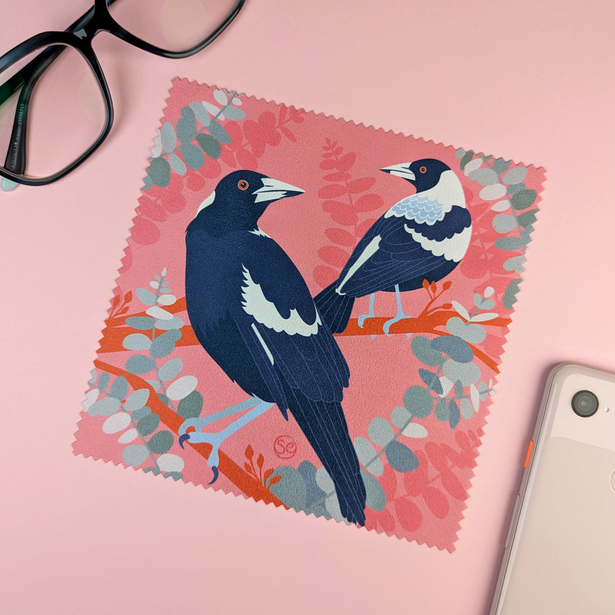 Australian Magpie microfibre lens cloth by Sarah Epstein Studio.