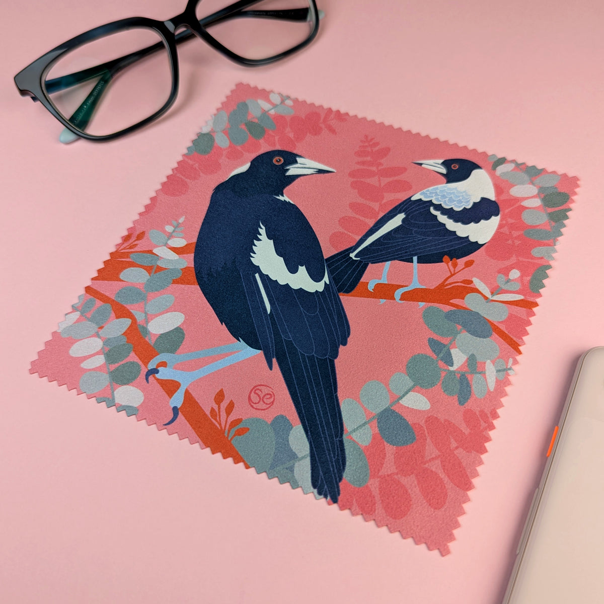 Australian Magpie microfibre lens cloth by Sarah Epstein Studio.