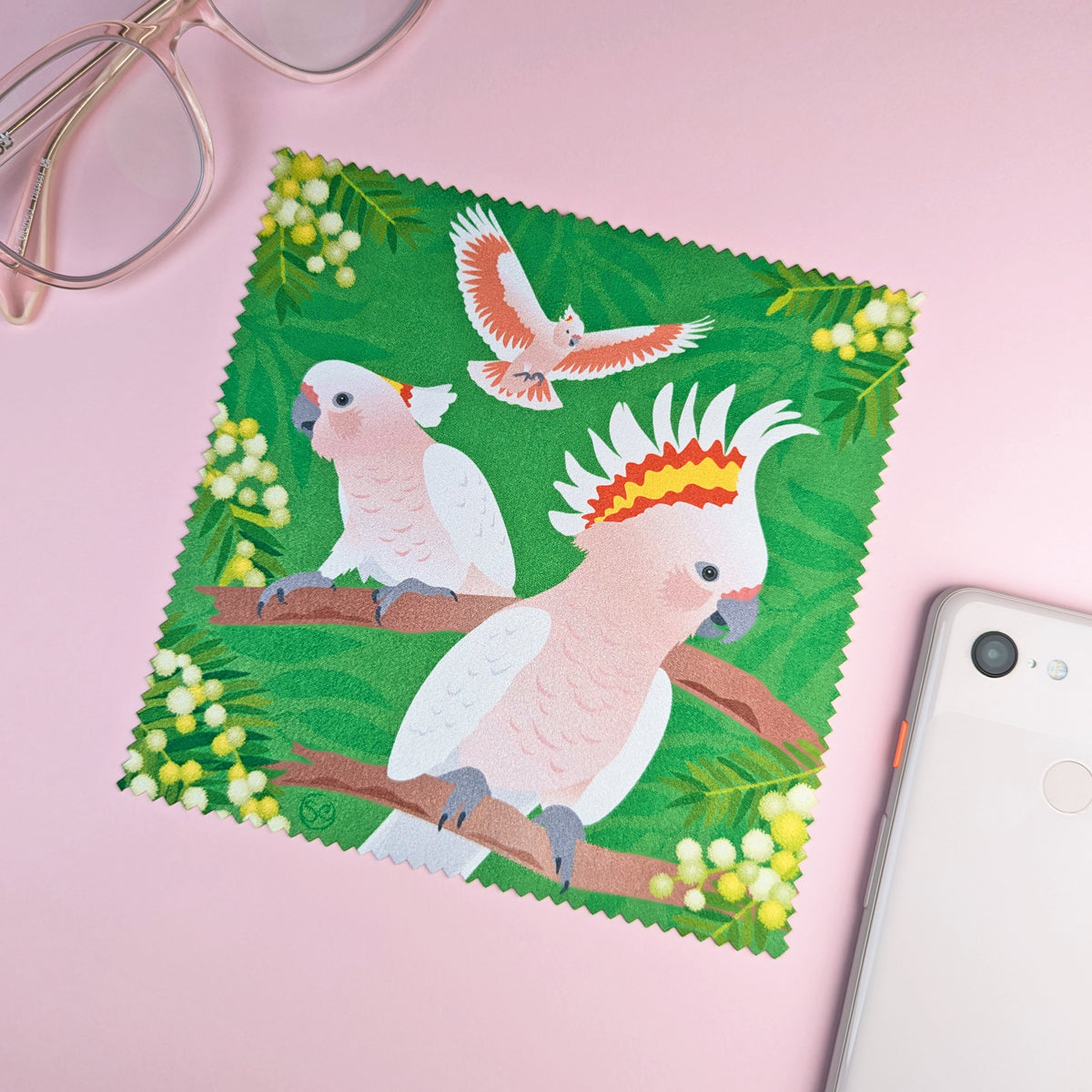 Pink Cockatoo microfibre lens cloth by Sarah Epstein Studio.