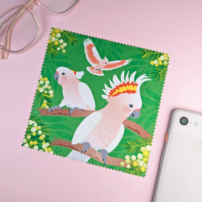 Pink Cockatoo microfibre lens cloth by Sarah Epstein Studio.