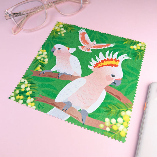 Pink Cockatoo microfibre lens cloth by Sarah Epstein Studio.
