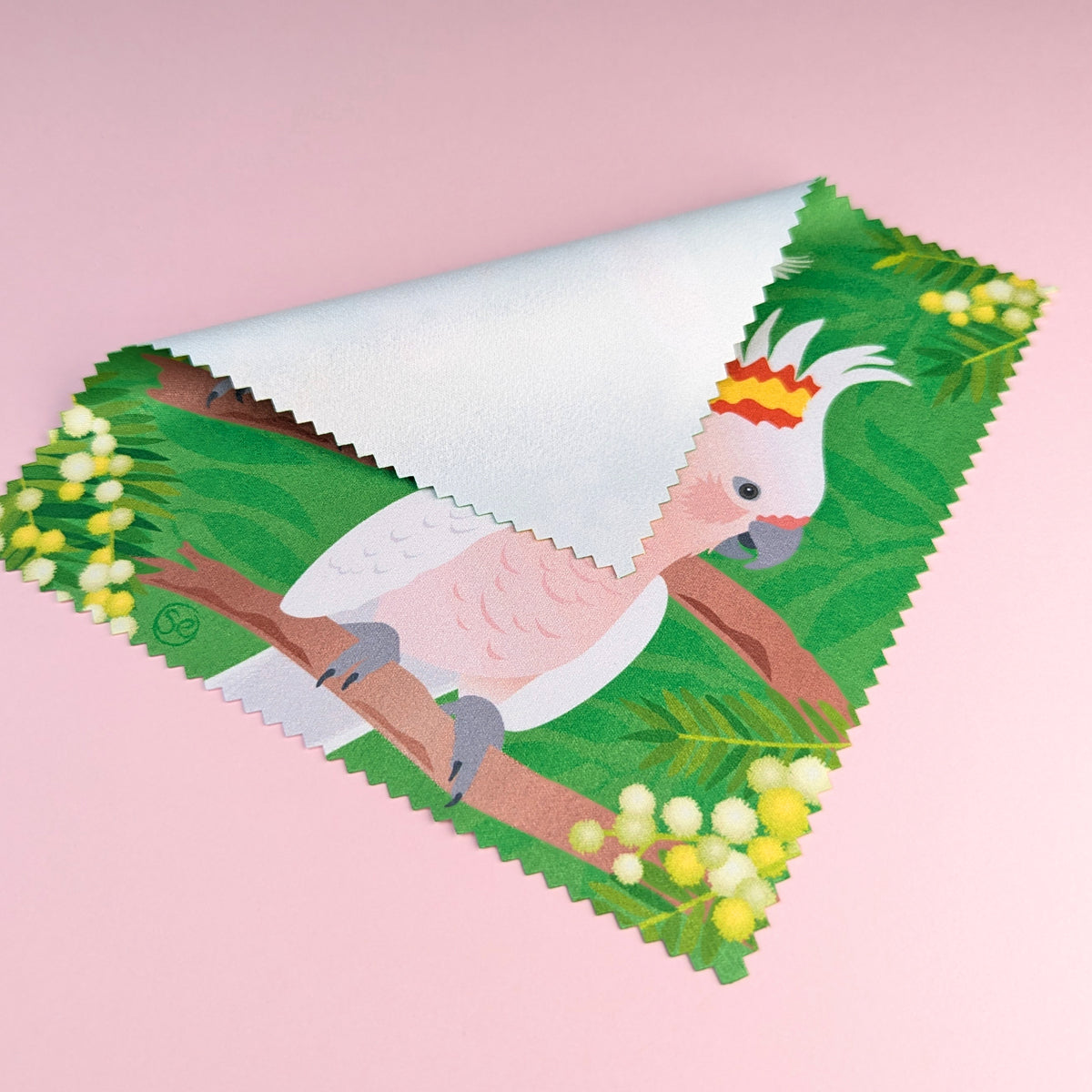 Pink Cockatoo microfibre lens cloth by Sarah Epstein Studio.