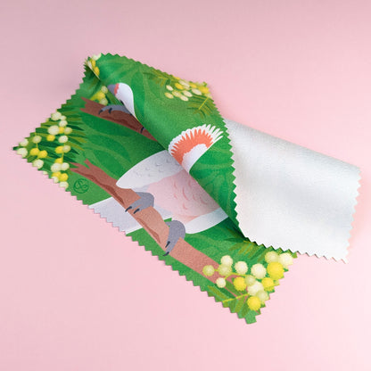 Pink Cockatoo microfibre lens cloth by Sarah Epstein Studio.