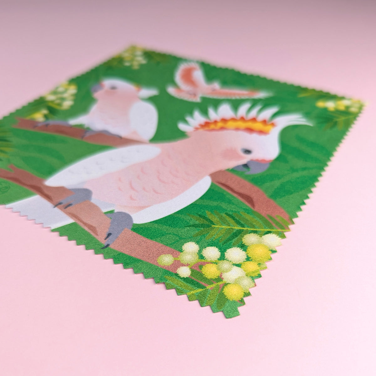 Pink Cockatoo microfibre lens cloth by Sarah Epstein Studio.