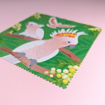 Pink Cockatoo microfibre lens cloth by Sarah Epstein Studio.