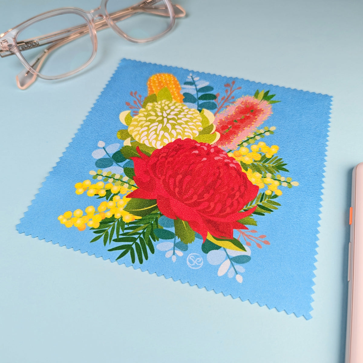 Native Flowers microfibre lens cloth by Sarah Epstein Studio.
