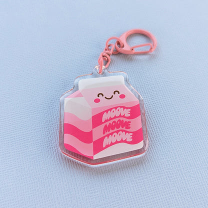 Kawaii Moove milk acrylic keychain by Sarah Epstein Studio.