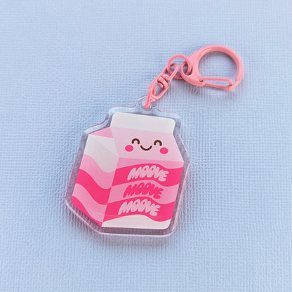 Kawaii Moove milk acrylic keychain by Sarah Epstein Studio.