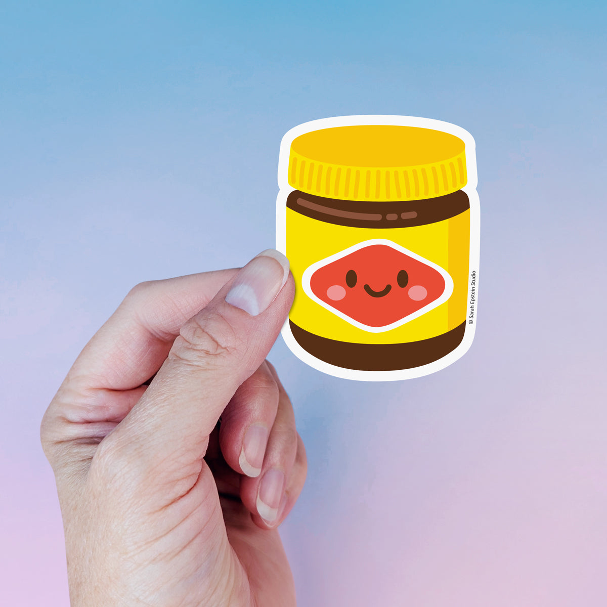 Kawaii Vegemite die-cut vinyl sticker by Sarah Epstein Studio.